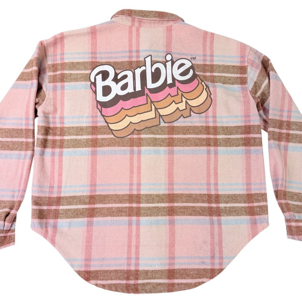 Barbiecore Shacket Pink Plaid Retro‎ Logo Oversized Flannel Barbie Small - Picture 5 of 11
